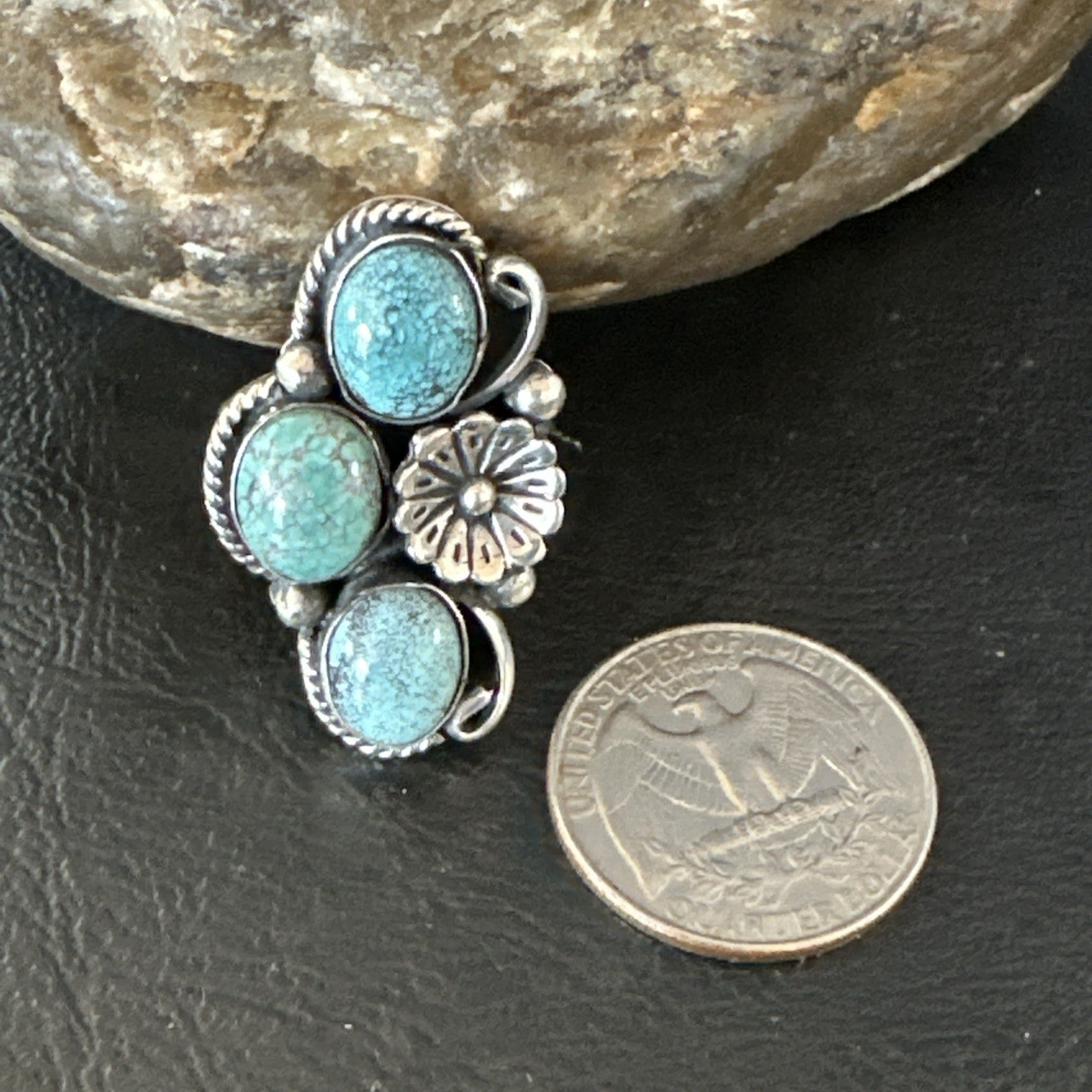 Yazzie Ring Blue Turquoise Navajo Sterling Silver Cluster Size 7 19240
