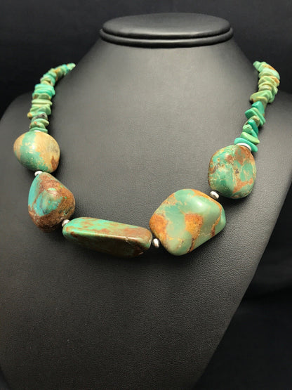 Chunky Green Nugget Turquoise Navajo Sterling Silver Necklace 23" 3216
