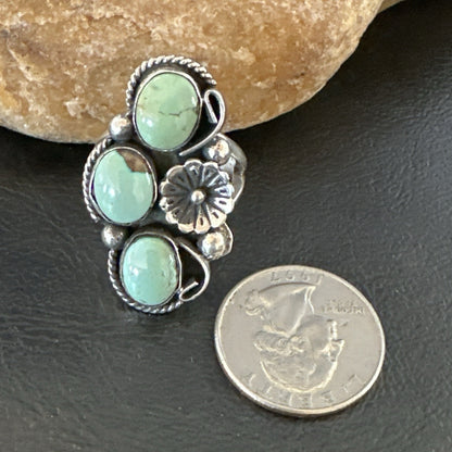 Yazzie Ring Green Turquoise Navajo Sterling Silver Cluster Size 8.5 19214