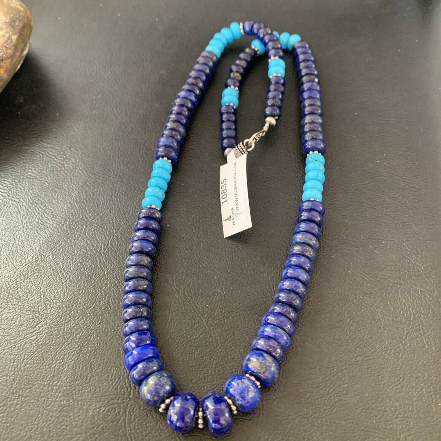 Men's Lapis and Turquoise Beaded Necklace Sterling Silver 23" 10835