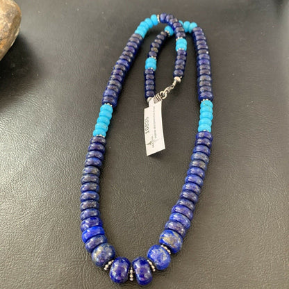 Men's Lapis and Turquoise Beaded Necklace Sterling Silver 23" 10835