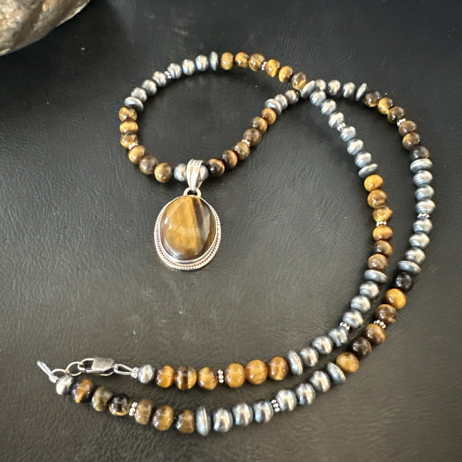 Coffee Brown Tigers Eye Sterling Silver Pendant Necklace Southwestern 18282