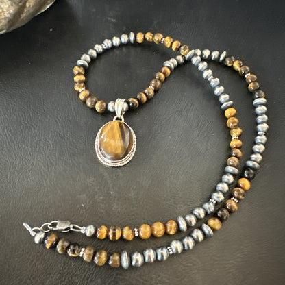 Coffee Brown Tigers Eye Sterling Silver Pendant Necklace Southwestern 18282