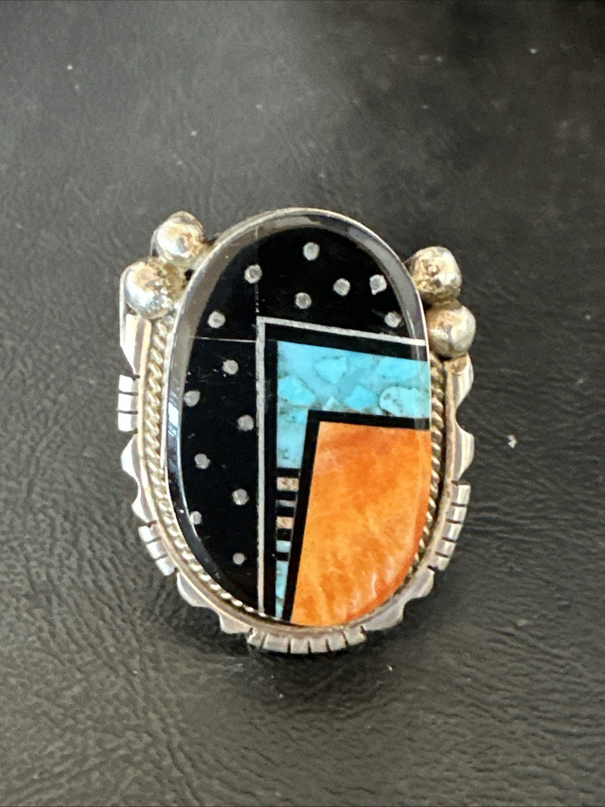 Onyx Turquoise Spiny Navajo Cosmic Inlay Sterling Silver Ring Size 9 19788