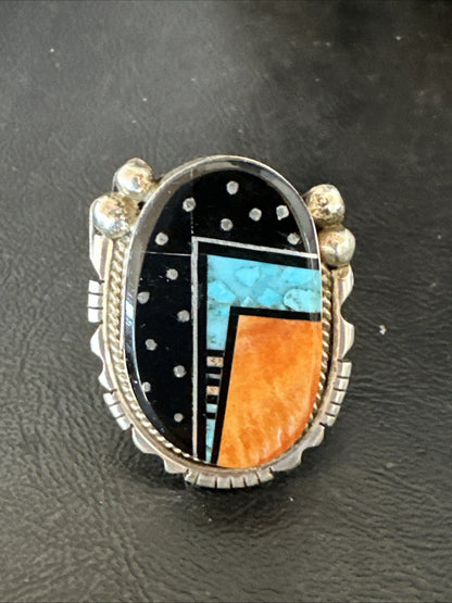 Onyx Turquoise Spiny Navajo Cosmic Inlay Sterling Silver Ring Size 9 19788