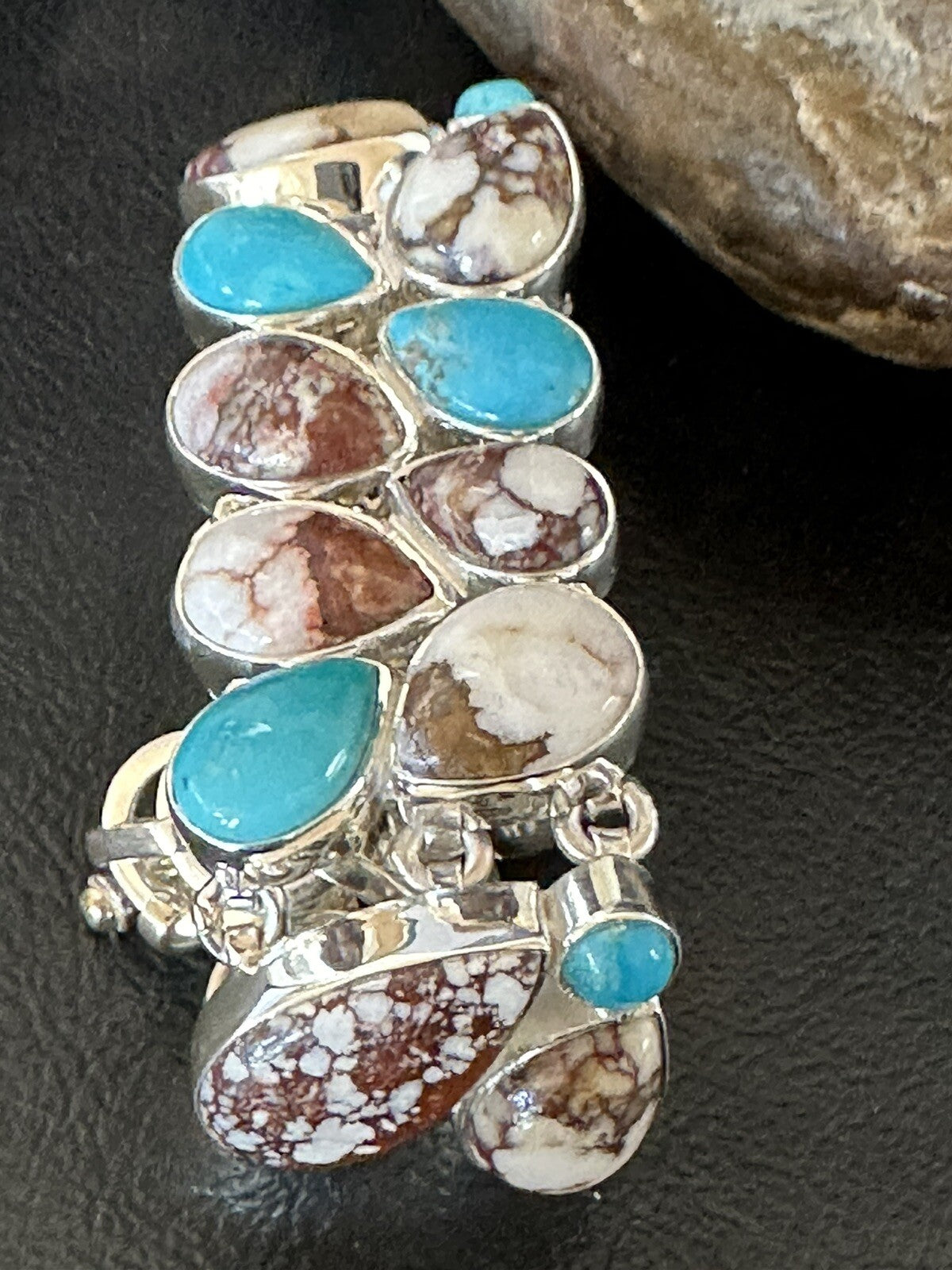 WoMen Blue Wild Horse Turquoise Sterling Silver Southwestern Link Bracelet 17973