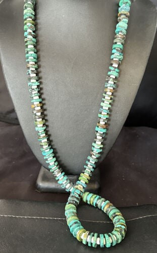 Native Navajo Turquoise Shell Heishi Bead Necklace Sterling 32" 15529