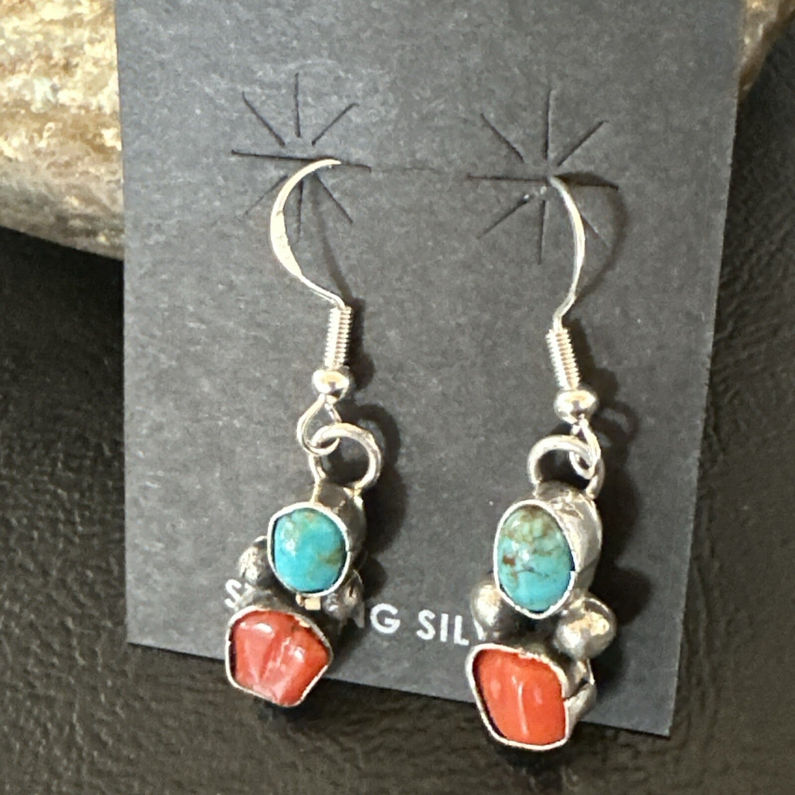 Handmade Blue Turquoise Red Coral Sterling Silver Navajo Dangle Earrings 18840