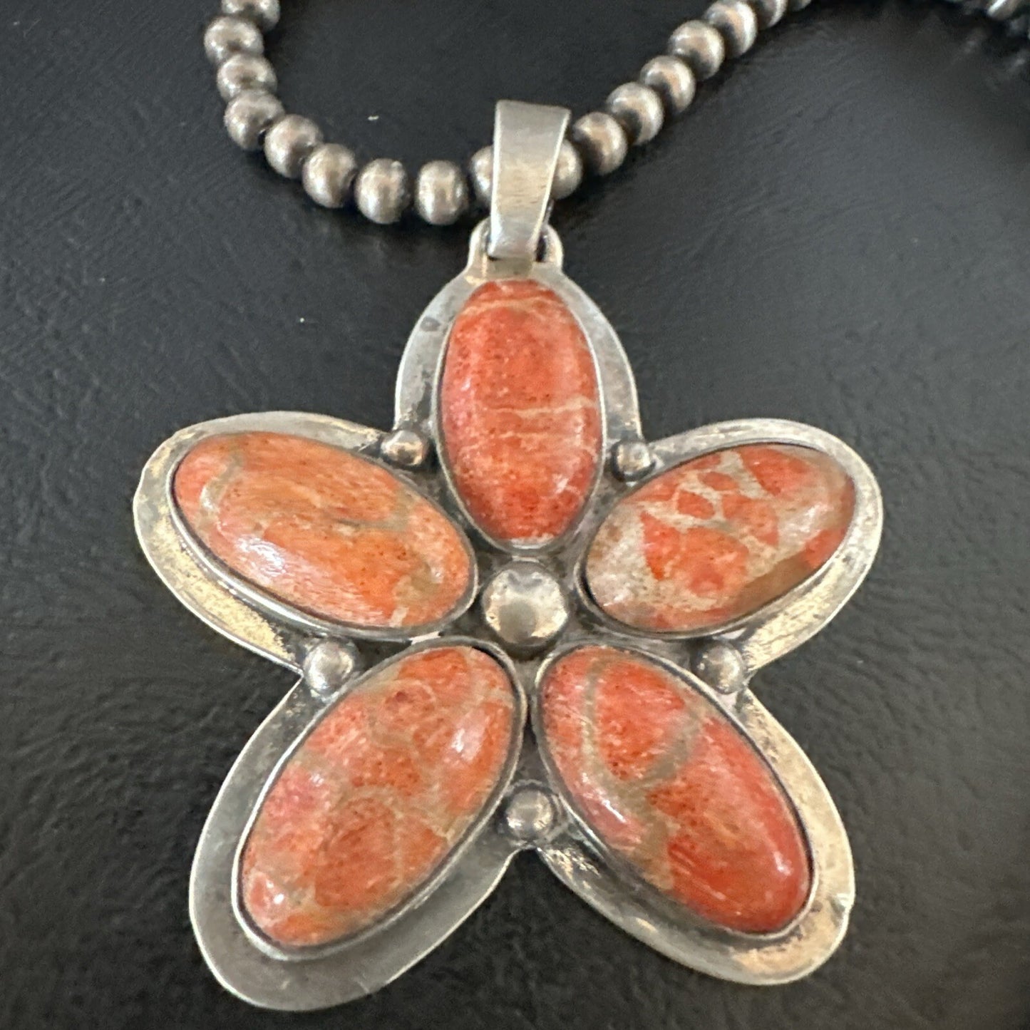 Navajo Apple Sponge Coral Sterling Silver Necklace Pendant 18133