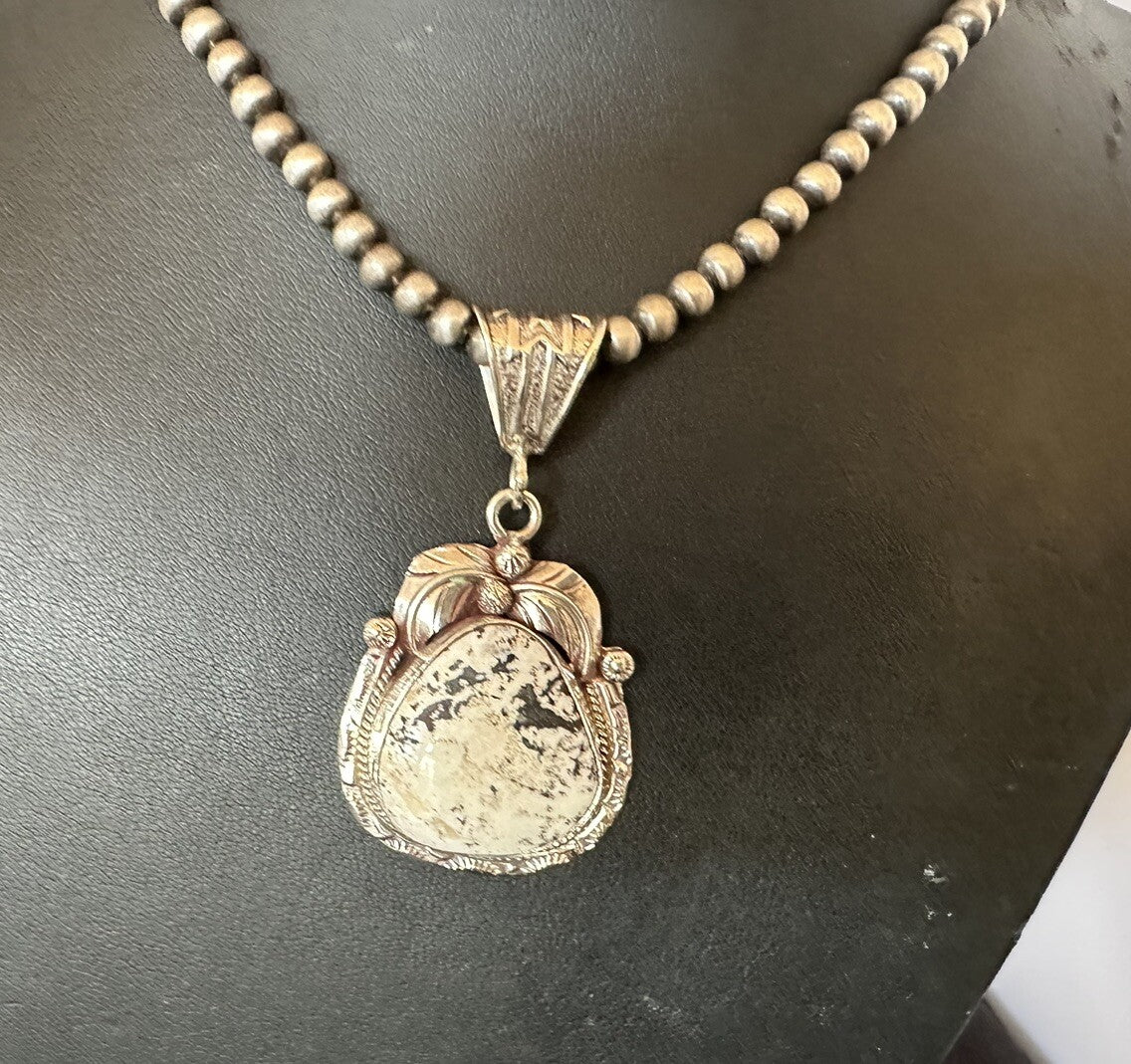 Mens White Buffalo Turquoise Pendant Sterling Silver Beads Necklace 18311