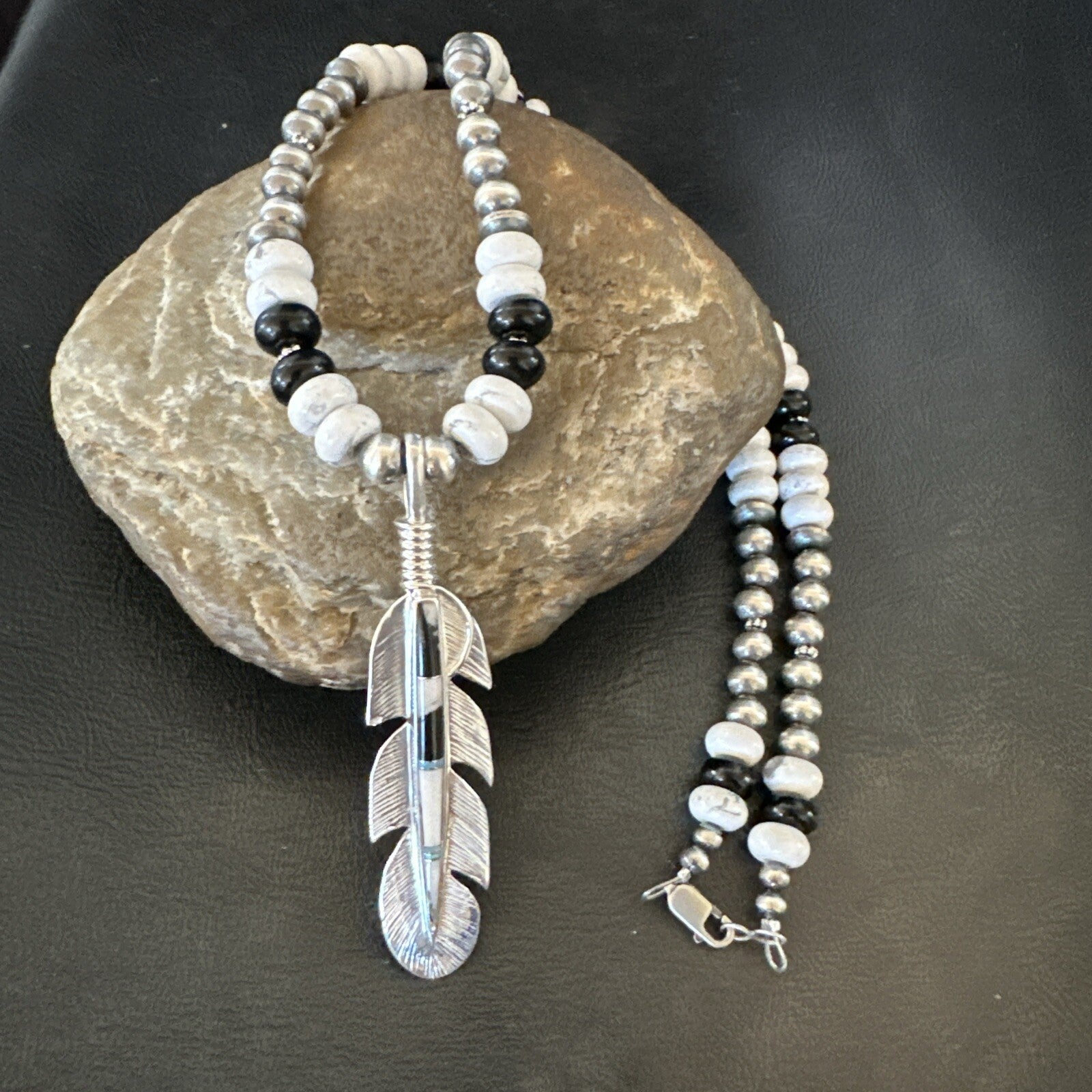 Feather White Buffalo Turquoise Opal Pendant Sterling Silver Necklace 21” 18670