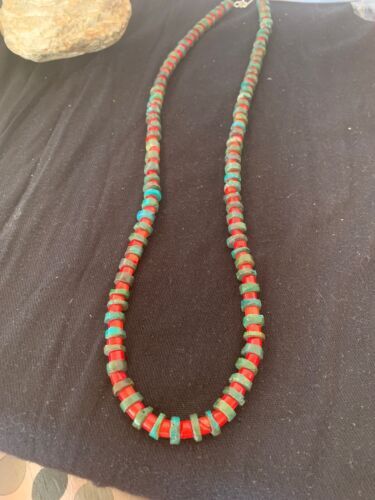 Turquoise & Coral Heishi Bead Navajo Sterling Silver Necklace 21” 04757