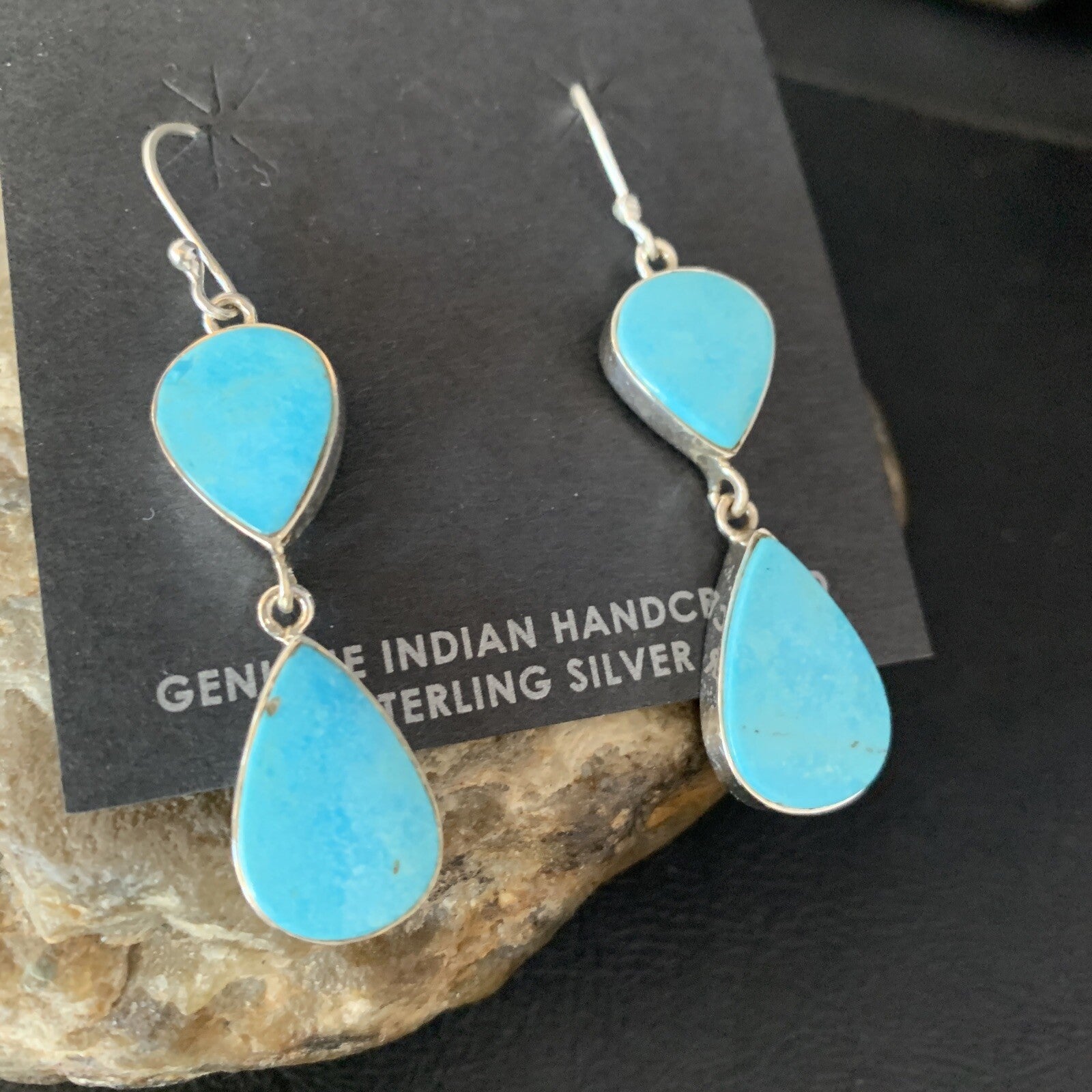Kingman Turquoise Handmade Navajo Sterling Silver Dangle Earrings 1.75" 13897