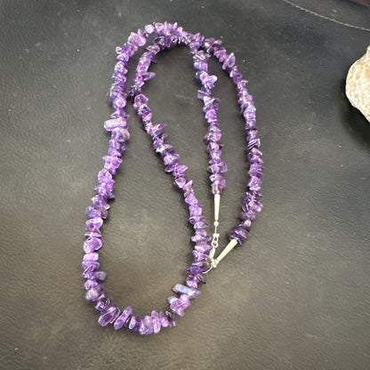 Purple Amethyst Southwestern Nugget Bead Sterling Silver Necklace 27” 19017
