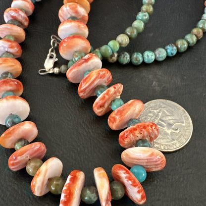 Red Spiny Oyster Green Turquoise 23” Long Navajo Sterling Silver Necklace 17762
