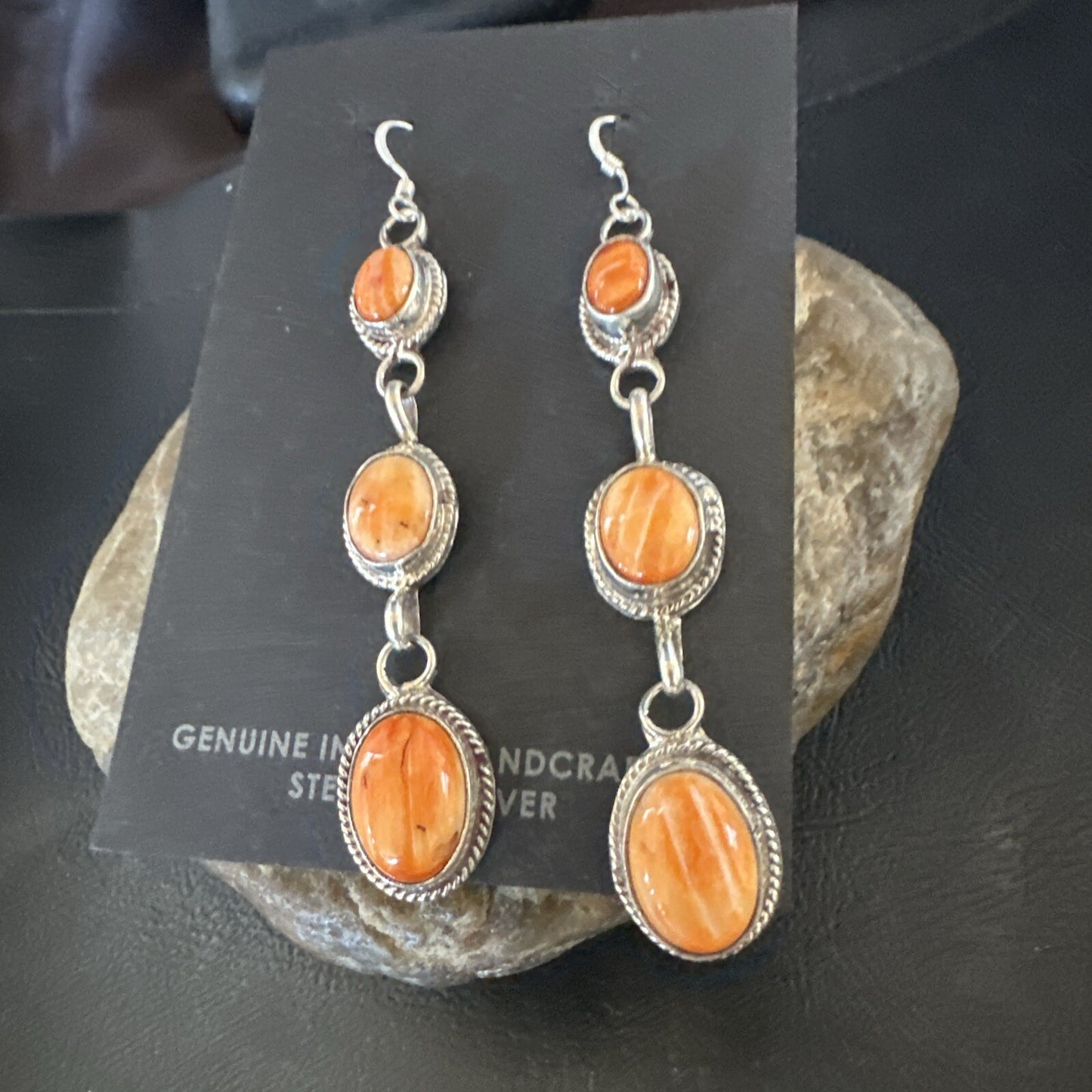 Native Navajo Sterling Silver Orange Spiny Oyster Dangle Earrings 1228
