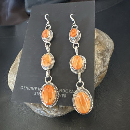 Native Navajo Sterling Silver Orange Spiny Oyster Dangle Earrings 1228
