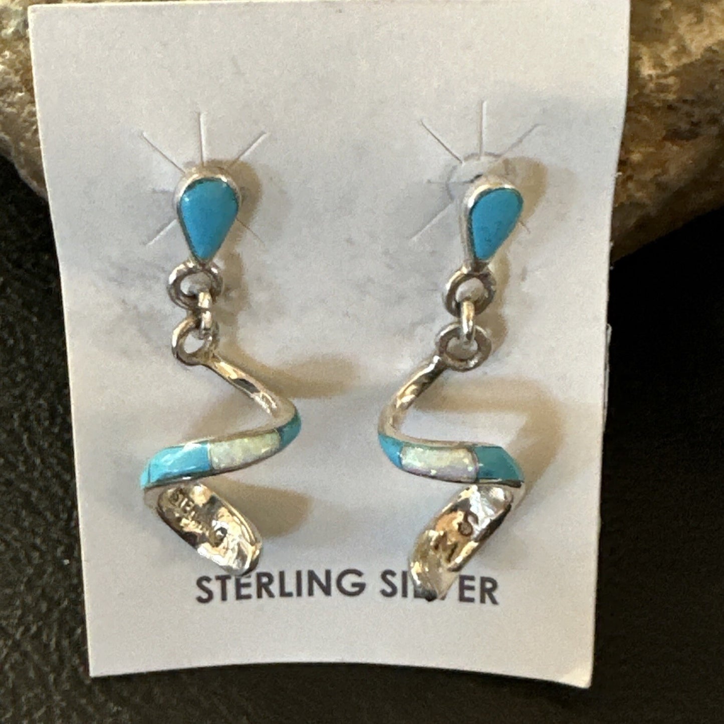 Blue Turquoise Opal Inlay Swirl Navajo Sterling Earrings 1.25" 18751