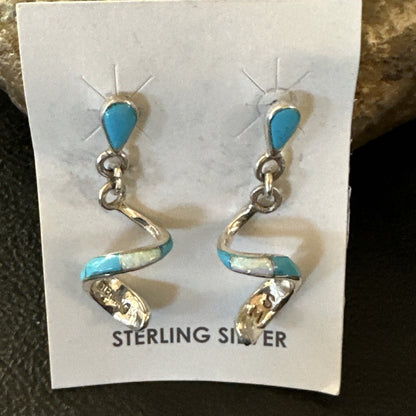 Blue Turquoise Opal Inlay Swirl Navajo Sterling Earrings 1.25" 18751