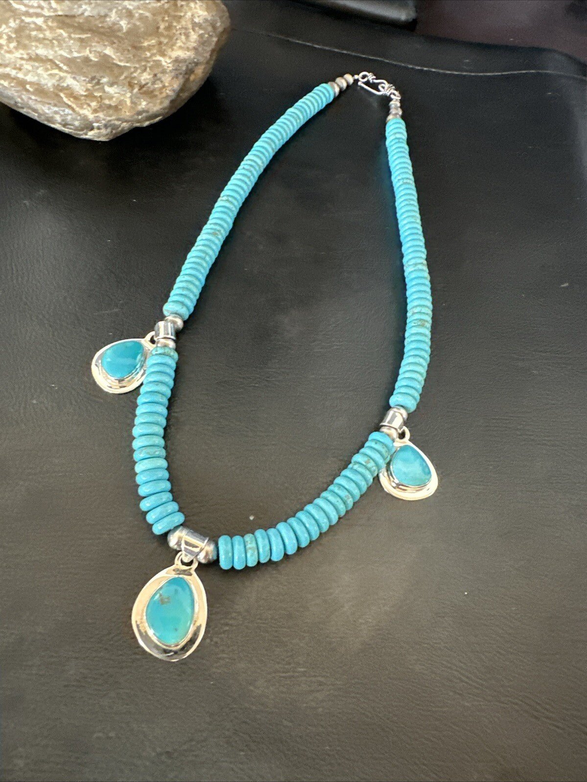 WoMens Blue Kingman Turquoise Pendants Navajo Sterling Silver Necklace 19” 18166