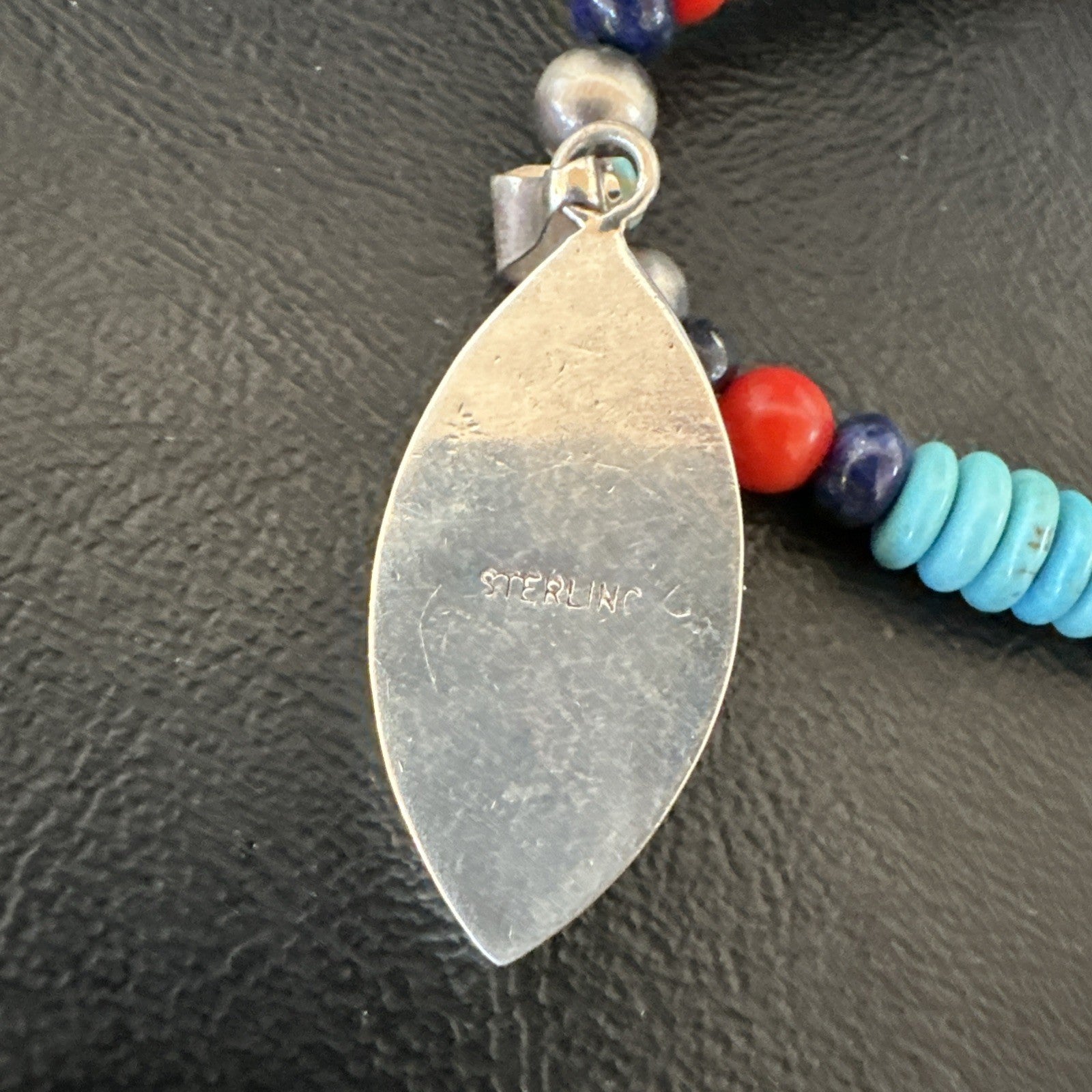 Multicolor Turquoise Coral Navajo Sterling Silver Inlay Pendant Necklace 19645