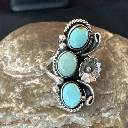 Yazzie Ring Blue Turquoise Navajo Sterling Silver Cluster Size 8.5 19225