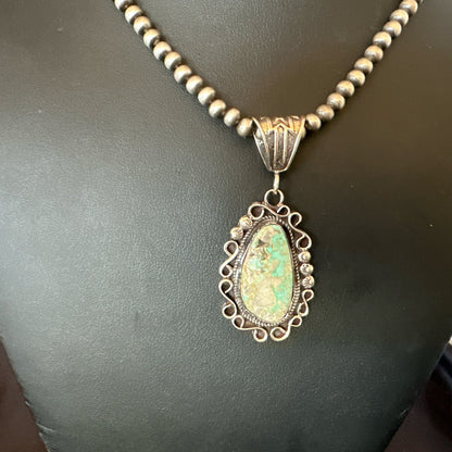 Mens Women Navajo Sterling Silver Green Royston Turquoise Necklace Pendant 18682