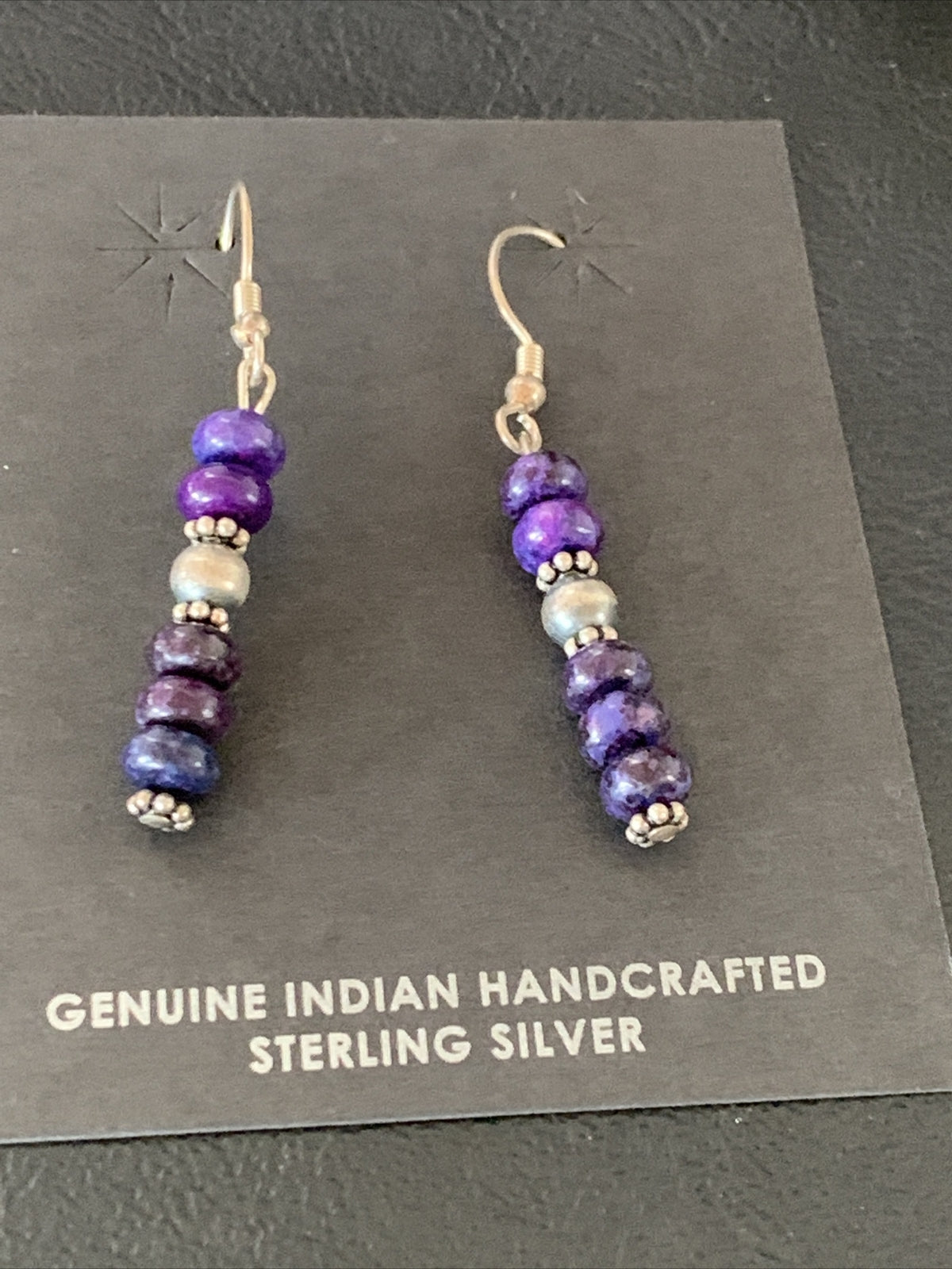 Purple Stone Navajo Sterling Silver Dangle Bead Earrings 1" 15353