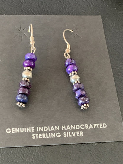 Purple Stone Navajo Sterling Silver Dangle Bead Earrings 1" 15353