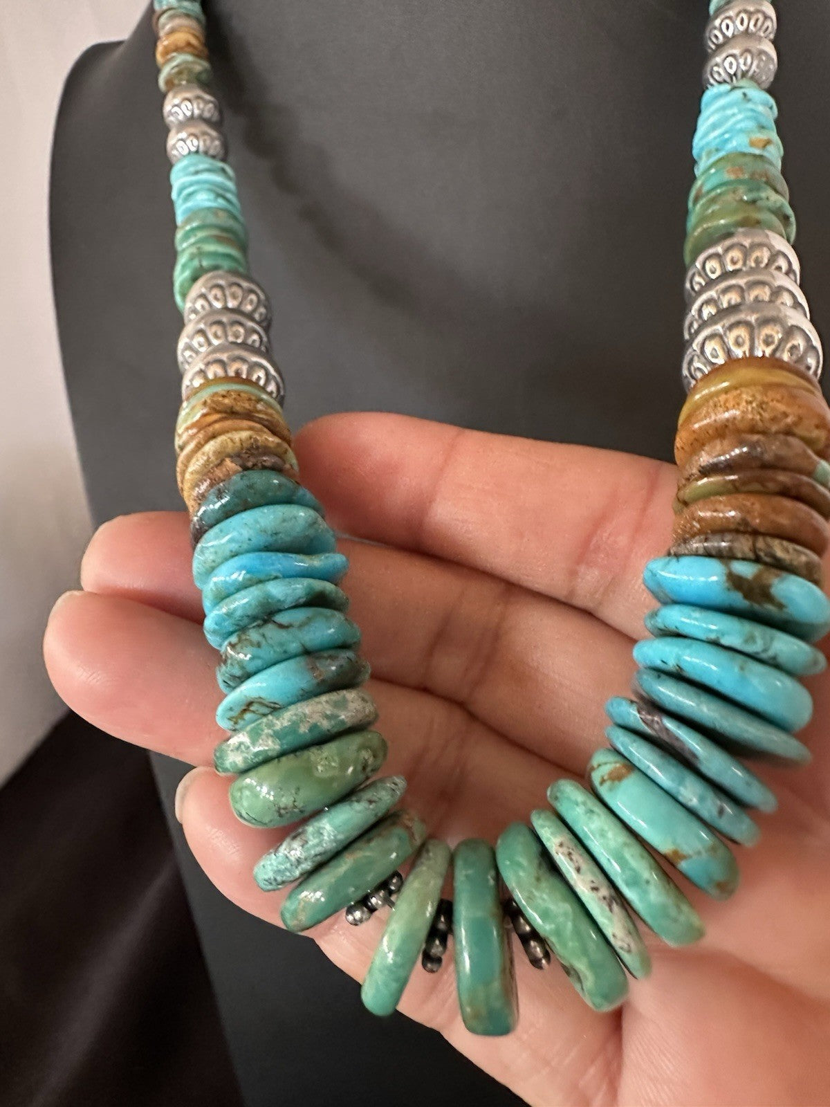 WoMens Blue Green Turquoise Navajo Sterling Silver Necklace 24” 19492