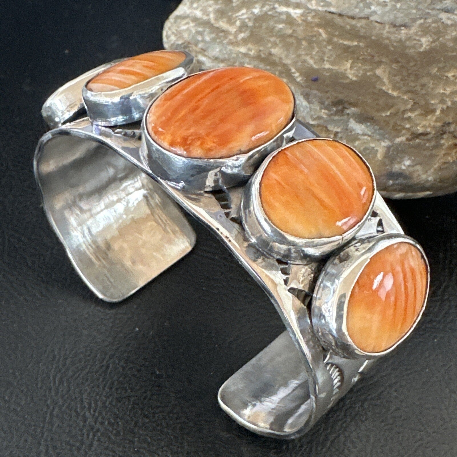 Stamped Orange Spiny Oyster Navajo Sterling Silver 5 Stone Cuff Bracelet 17942