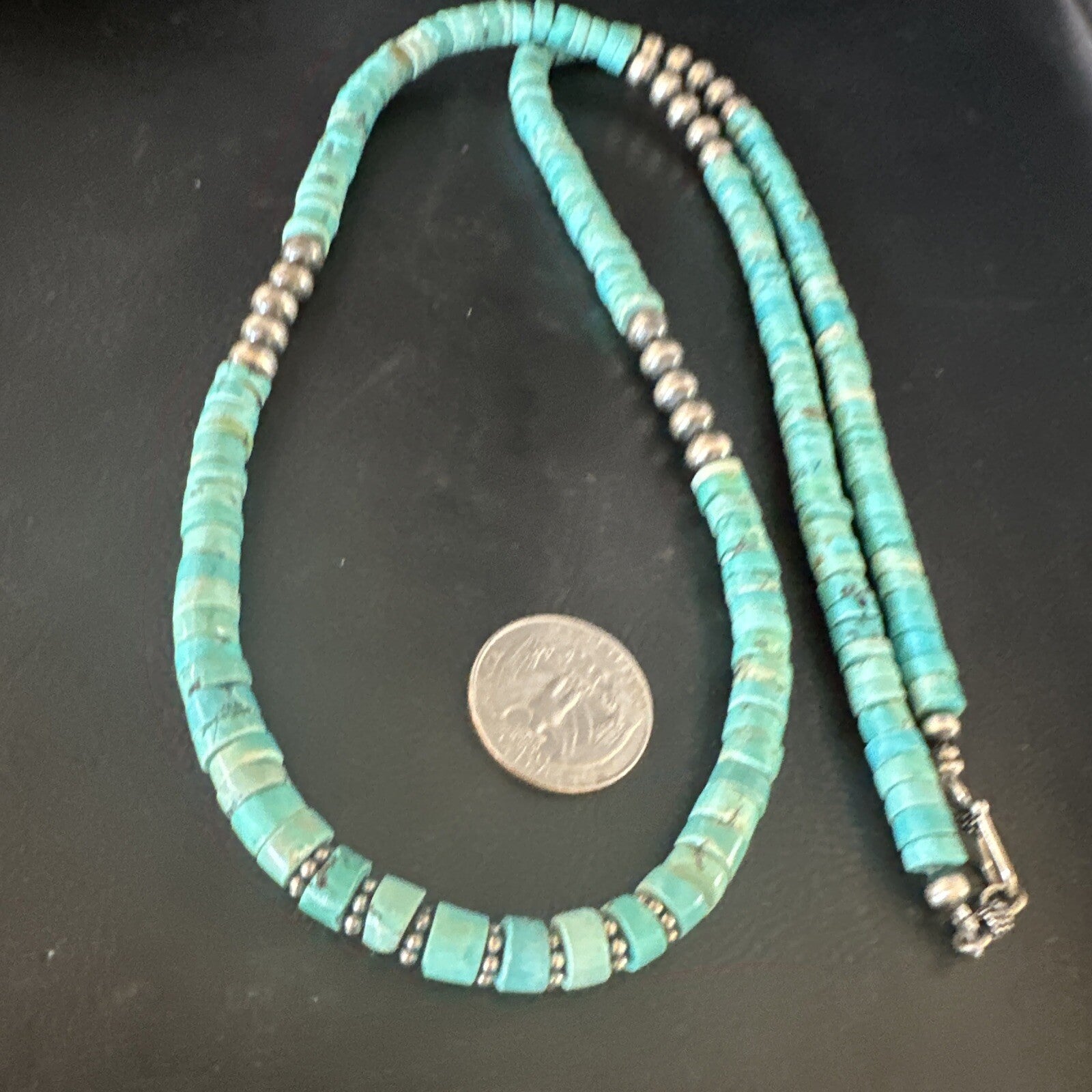 Blue Turquoise 34” Heishi Navajo Pearls Sterling Silver Bead Necklace 17256