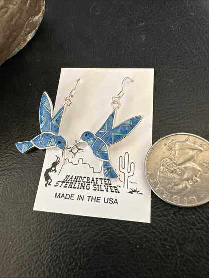 Blue Denim Lapis Opal Sterling Silver Hummingbird Dangle Earrings 19142