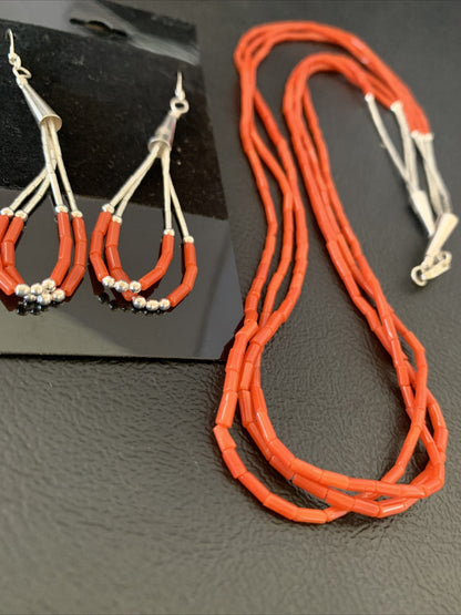 Natural Red Coral Heishi 3 Strands Sterling Silver Earrings & Necklace 20" 01218