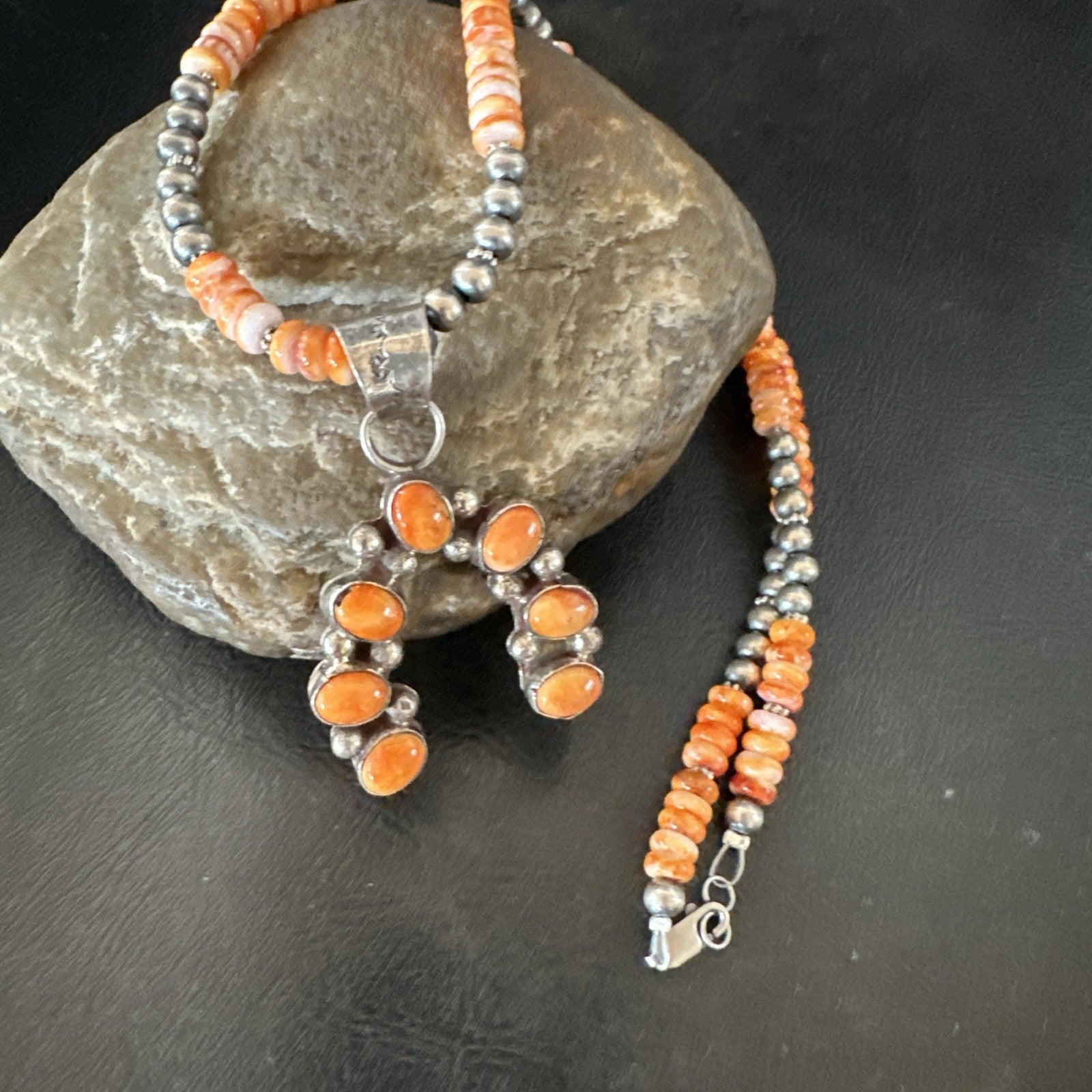 Navajo Pearls Sterling Necklace Orange Spiny Oyster Cluster Naja Pendant 19552