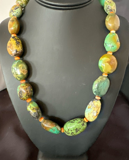 Blue Green Turquoise Spiny Chunky Navajo Sterling Silver Necklace 21” 19255