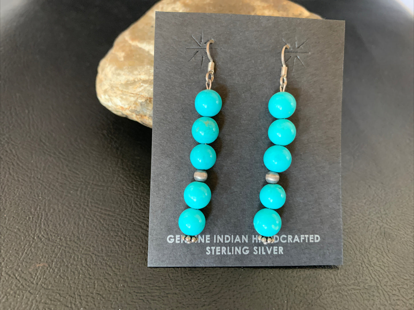 Blue Turquoise Earrings Native American Sterling Silver Bead 2" 13046