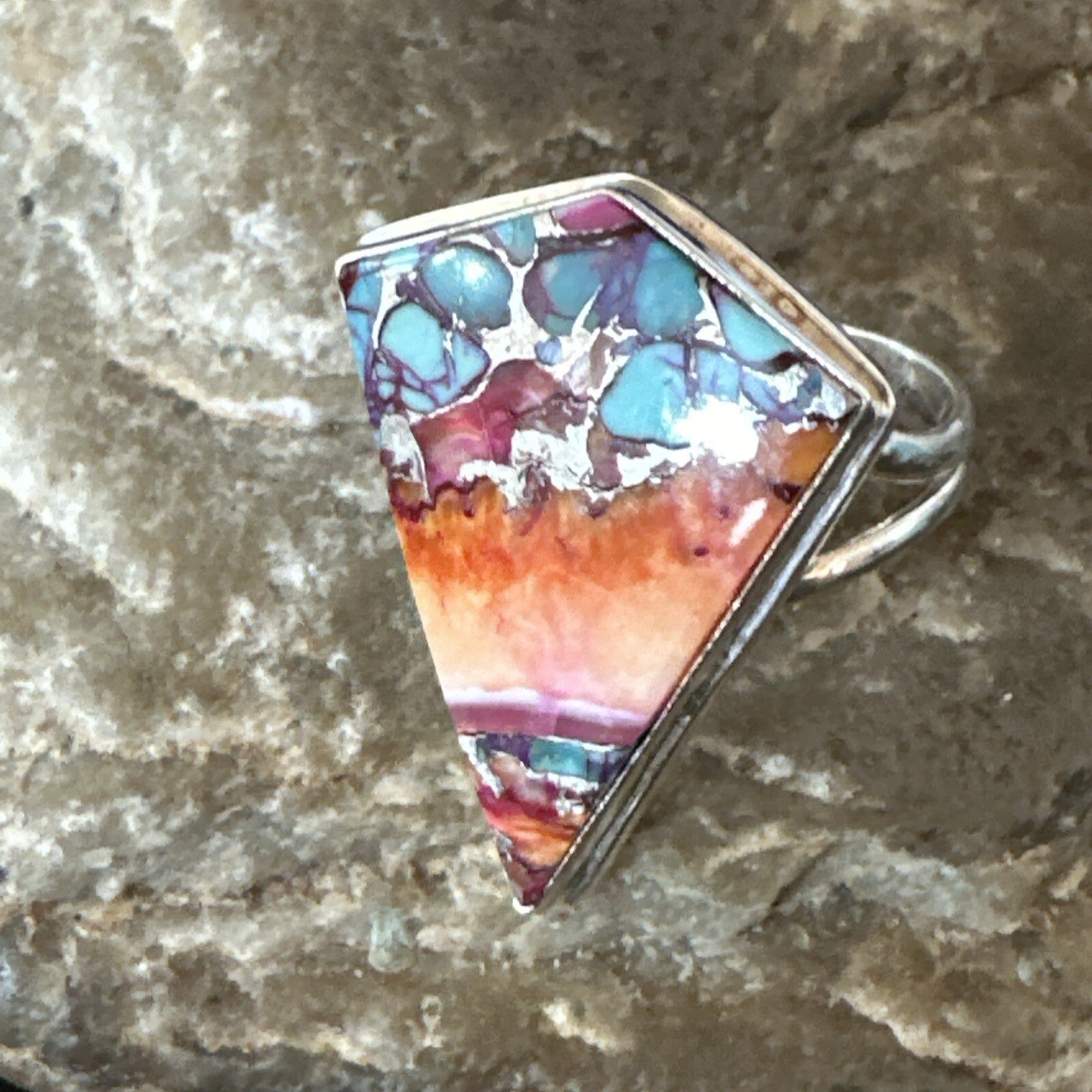 Blue Turquoise Spiny Oyster Southwestern Sterling Silver Ring Size 9 18463