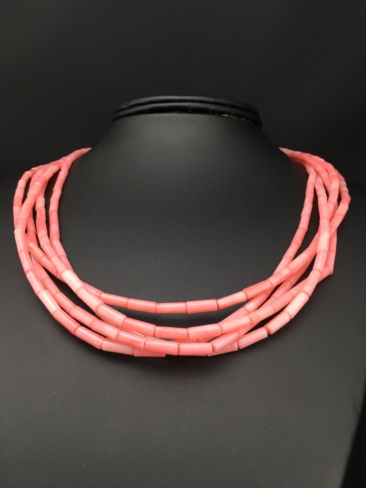 Pink Coral Tube Heishi Bead 5 Strand Navajo Sterling Silver Necklace 19" 1102