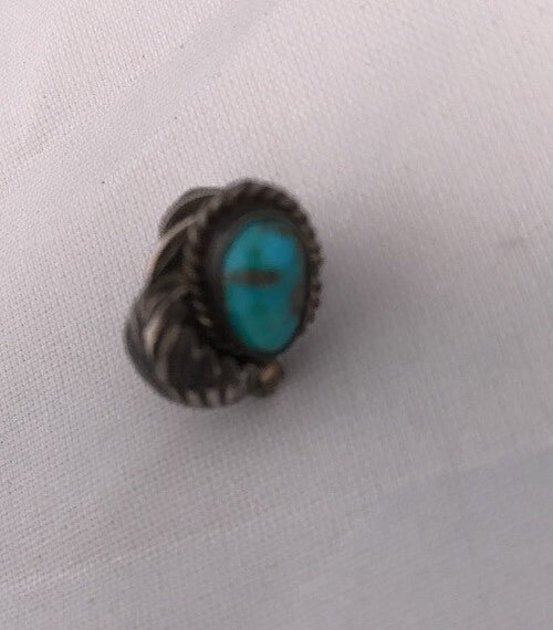 Native Turquoise Feather Tie Tag Sterling Silver Old Pawn Pin Ithaca 08013