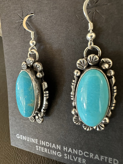 Handmade Blue Turquoise Sterling Silver Navajo Dangle Earrings Yazzie 19536