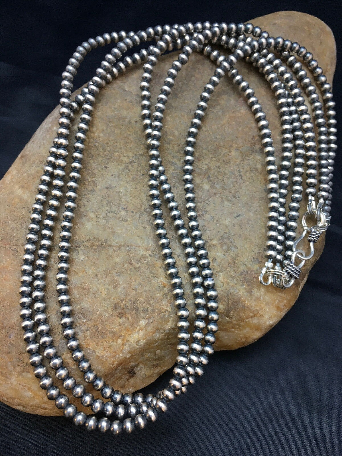 Native American Sterling Silver Navajo 4mm Bead 3 Strand 21" Necklace