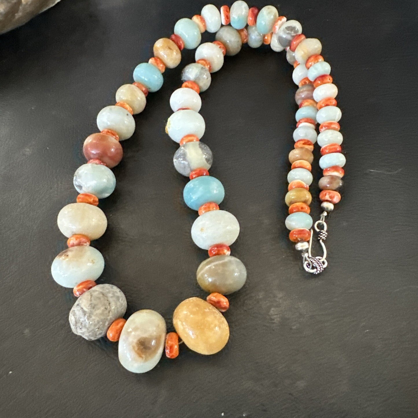 Blue Amazonite Orange Spiny Navajo Sterling Silver Bead Necklace 23” 17831