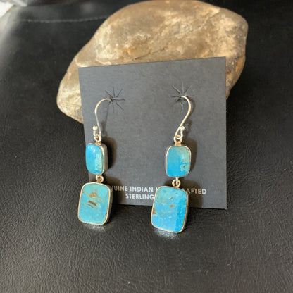 Kingman Turquoise Handmade Navajo Sterling Silver Dangle Earrings 1.5" 13898
