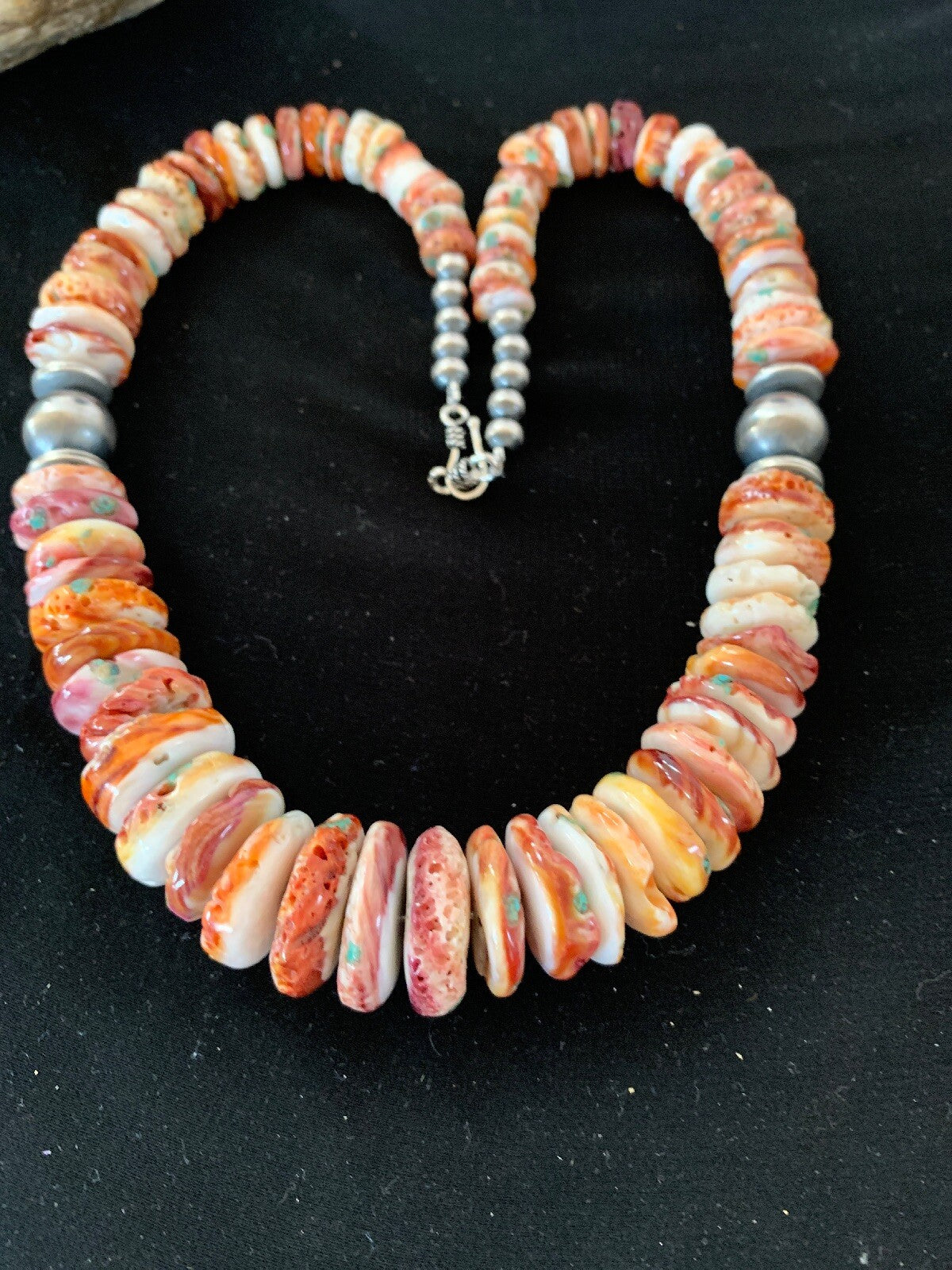 Native Red Spiny Oyster Navajo Pearls Sterling Silver Necklace 20" 03243