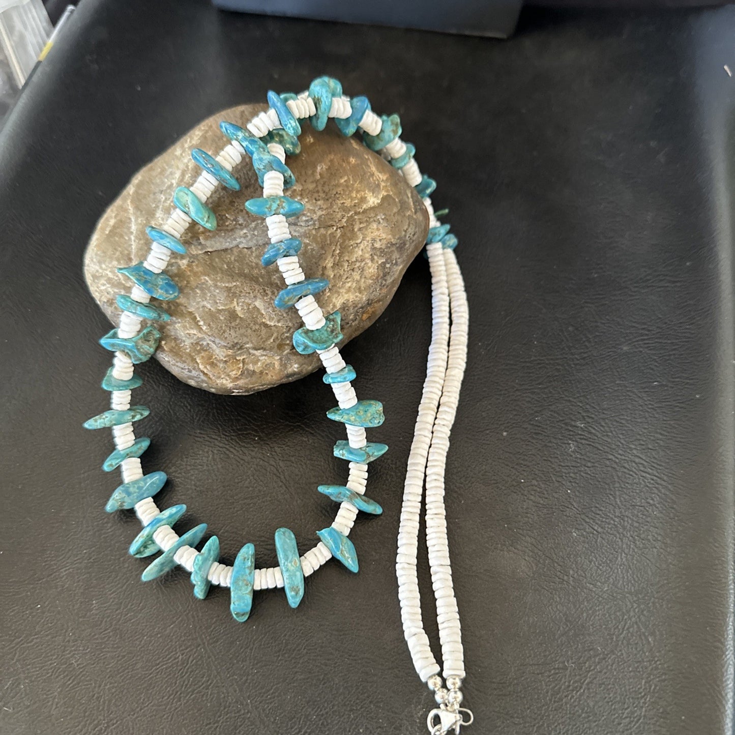 Blue Turquoise White Shell Navajo Sterling Silver Necklace 31" 19719