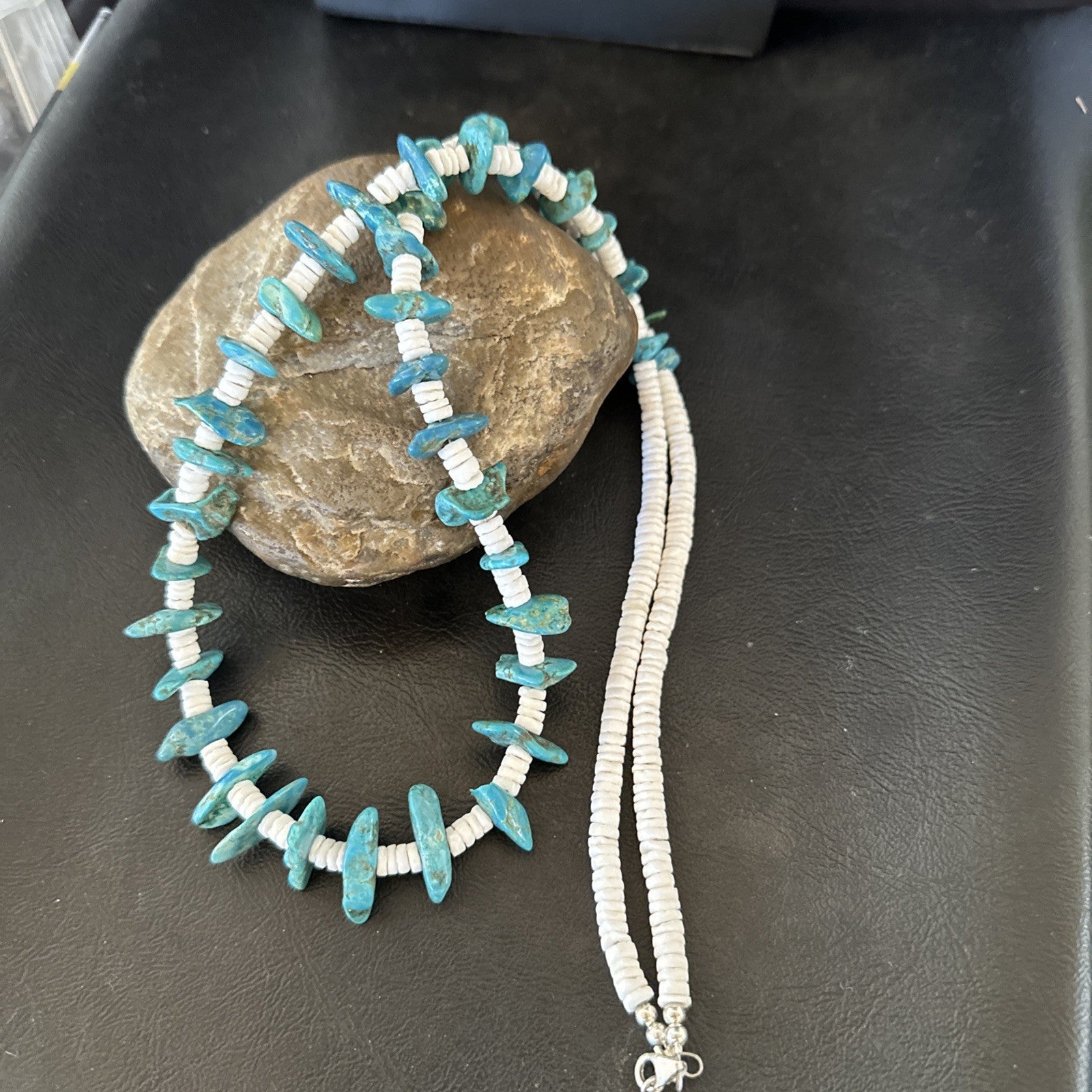 Blue Turquoise White Shell Navajo Sterling Silver Necklace 31" 19719