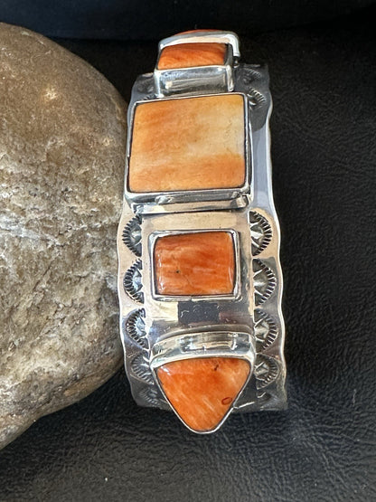 Orange Spiny Oyster 5 Stone Row Sterling Silver Navajo Cuff Bracelet 7.7" 19477
