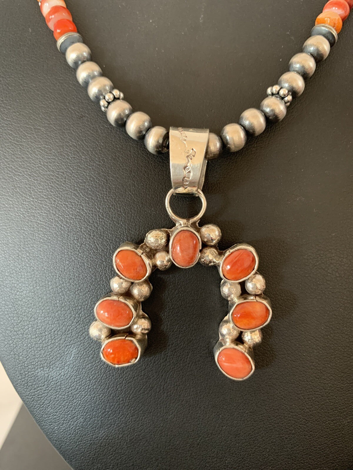 Red Spiny Oyster Naja Pendant Navajo Pearls Sterling Silver Necklace 00284