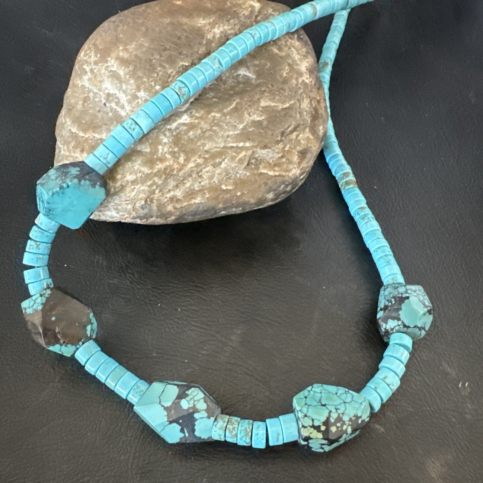 Native Turquoise Nugget Heishi Bead Navajo Sterling Silver Necklace 17807